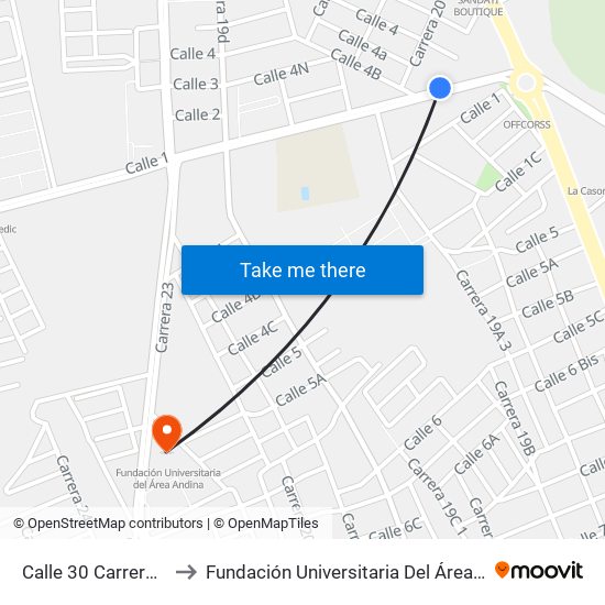 Calle 30 Carrera 19a to Fundación Universitaria Del Área Andina map
