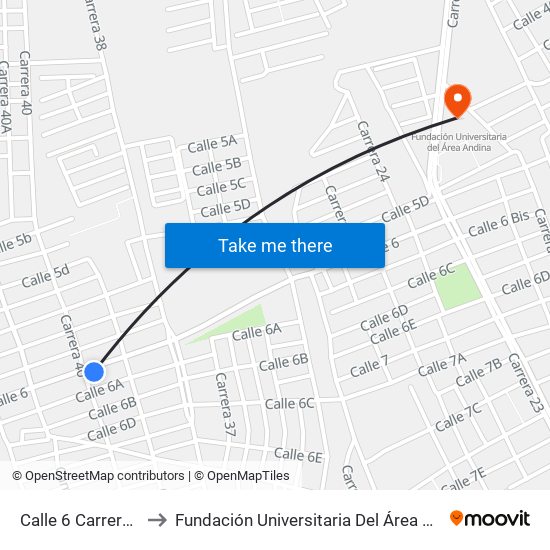 Calle 6 Carrera 39 to Fundación Universitaria Del Área Andina map