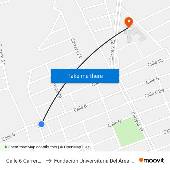 Calle 6 Carrera 30 to Fundación Universitaria Del Área Andina map