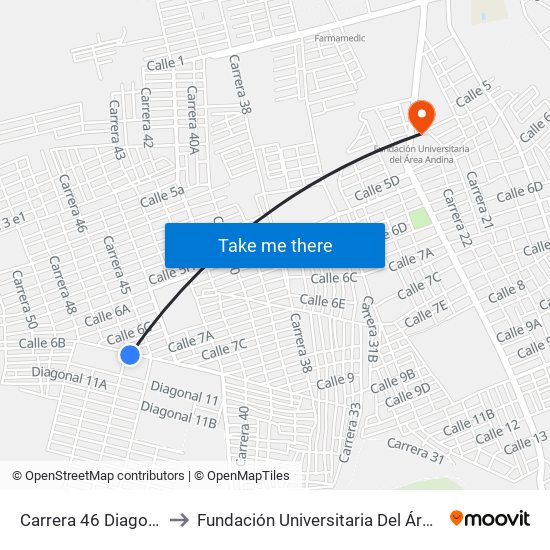 Carrera 46 Diagonal 10 to Fundación Universitaria Del Área Andina map