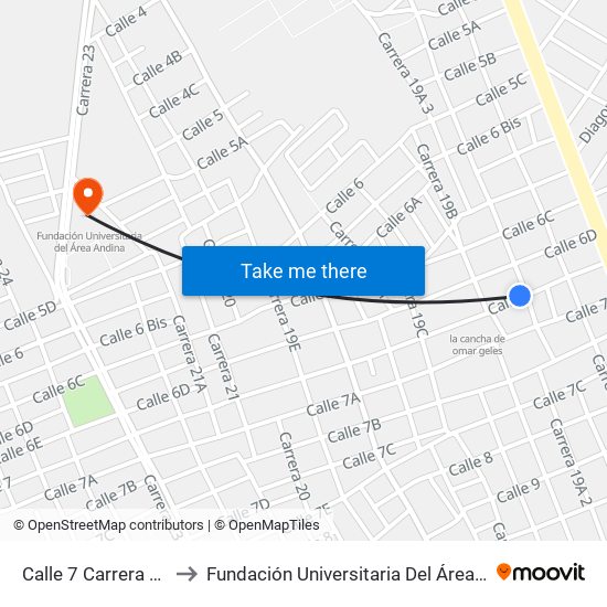 Calle 7 Carrera 19a2 to Fundación Universitaria Del Área Andina map