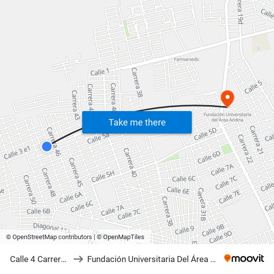 Calle 4 Carrera 47 to Fundación Universitaria Del Área Andina map
