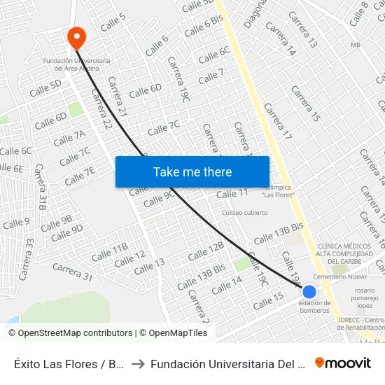 Éxito Las Flores / Bomberos to Fundación Universitaria Del Área Andina map