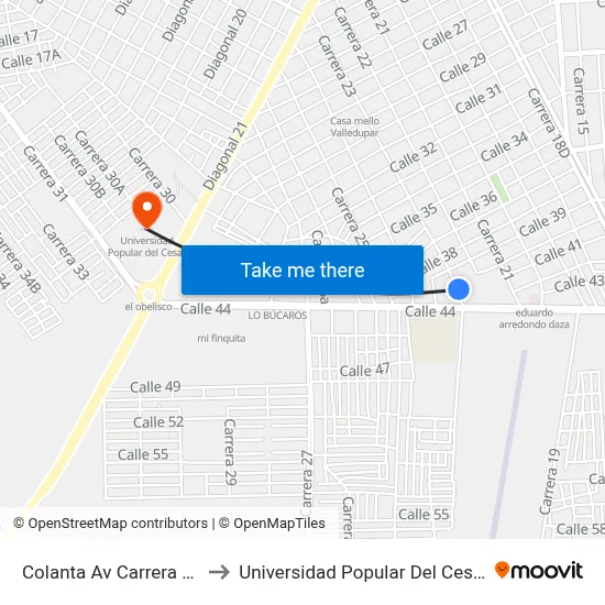 Colanta Av Carrera 23 to Universidad Popular Del Cesar map