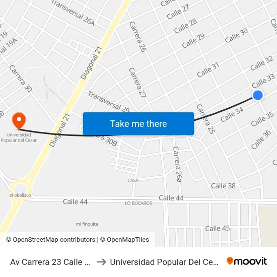 Av Carrera 23 Calle 33 to Universidad Popular Del Cesar map