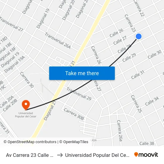 Av Carrera 23 Calle 27 to Universidad Popular Del Cesar map