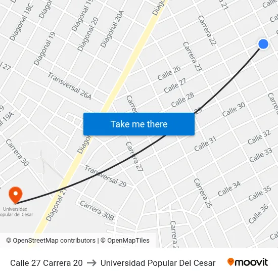 Calle 27 Carrera 20 to Universidad Popular Del Cesar map