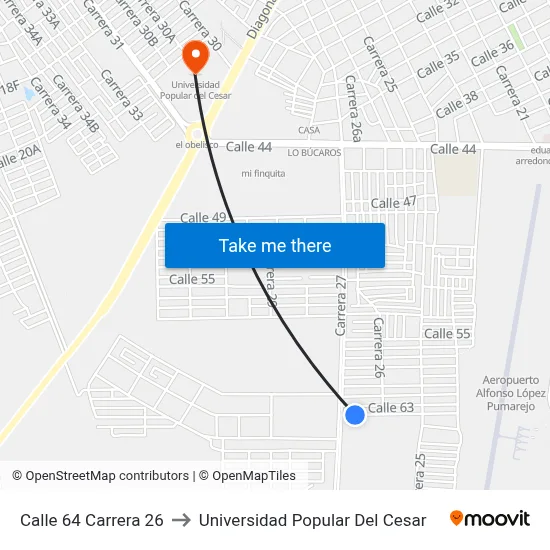 Calle 64  Carrera 26 to Universidad Popular Del Cesar map