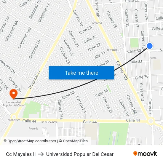 Cc Mayales II to Universidad Popular Del Cesar map