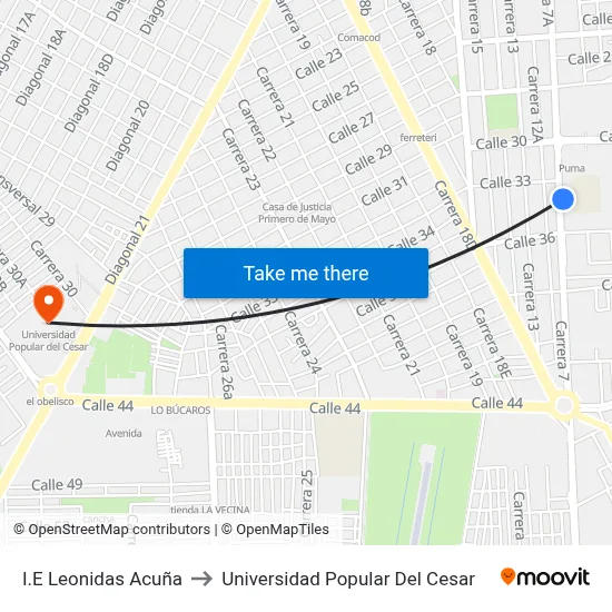 I.E Leonidas Acuña to Universidad Popular Del Cesar map