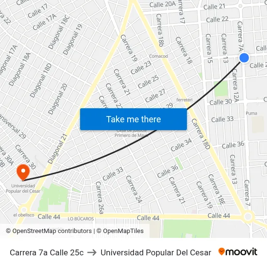 Carrera 7a Calle 25c to Universidad Popular Del Cesar map