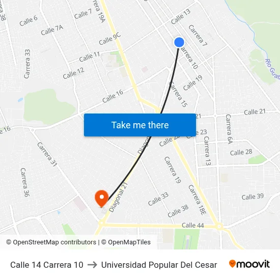 Calle 14 Carrera 10 to Universidad Popular Del Cesar map