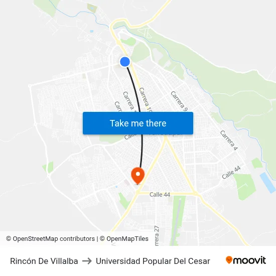 Rincón De Villalba to Universidad Popular Del Cesar map