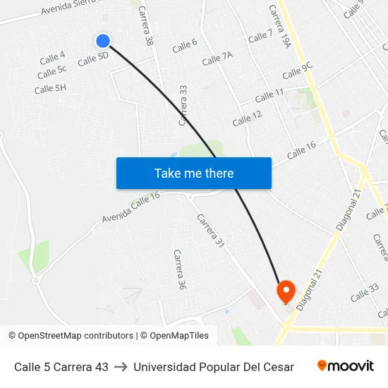 Calle 5 Carrera 43 to Universidad Popular Del Cesar map