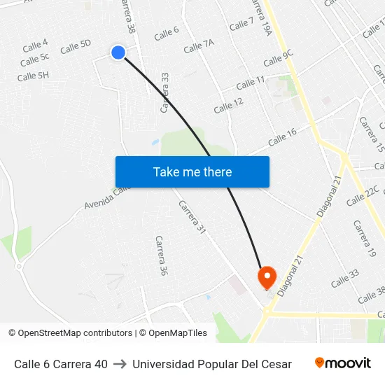 Calle 6 Carrera 40 to Universidad Popular Del Cesar map