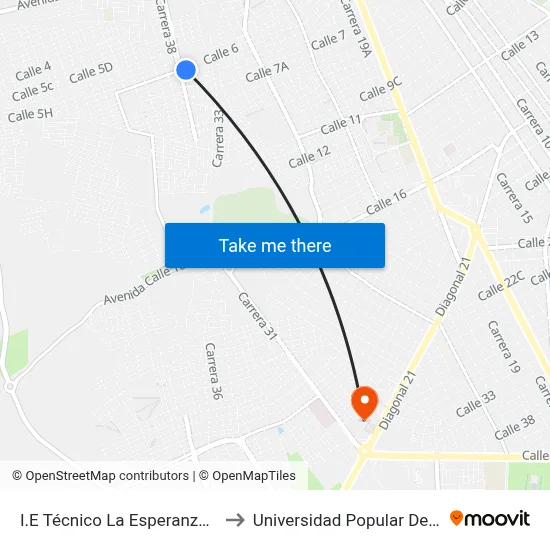 I.E Técnico La Esperanza (O - E) to Universidad Popular Del Cesar map