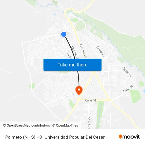 Palmeto (N - S) to Universidad Popular Del Cesar map