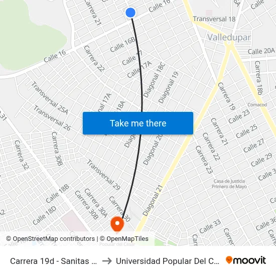 Carrera 19d - Sanitas Eps to Universidad Popular Del Cesar map