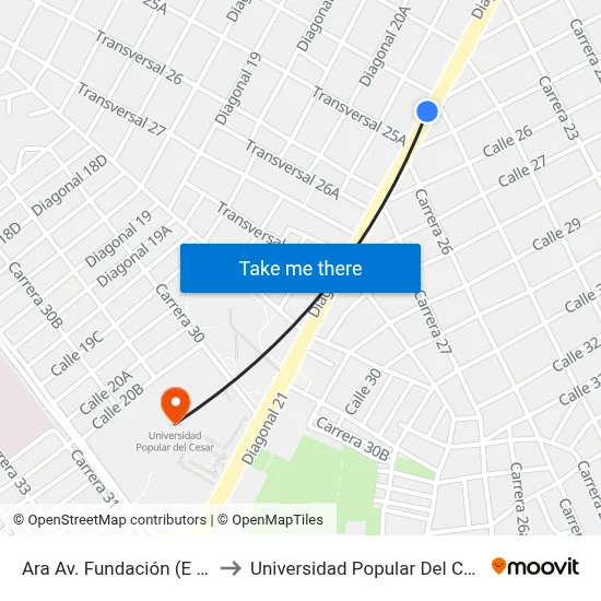 Ara Av. Fundación (E - O) to Universidad Popular Del Cesar map