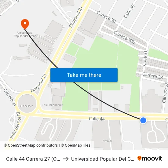 Calle 44 Carrera 27 (O - E) to Universidad Popular Del Cesar map
