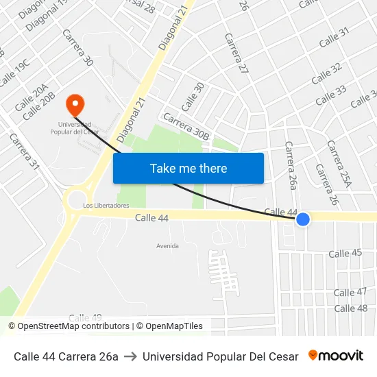 Calle 44 Carrera 26a to Universidad Popular Del Cesar map