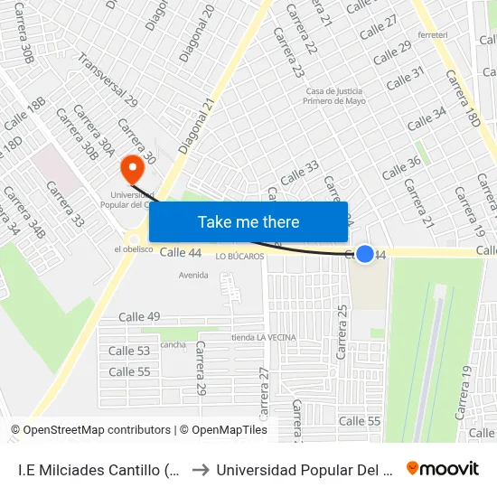 I.E Milciades Cantillo (O - E) to Universidad Popular Del Cesar map