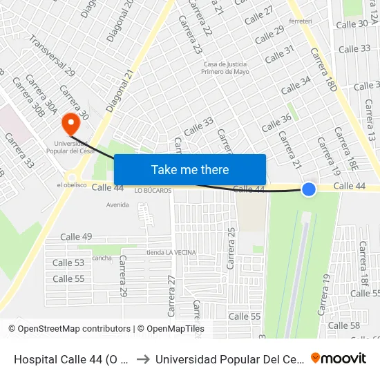 Hospital Calle 44 (O - E) to Universidad Popular Del Cesar map