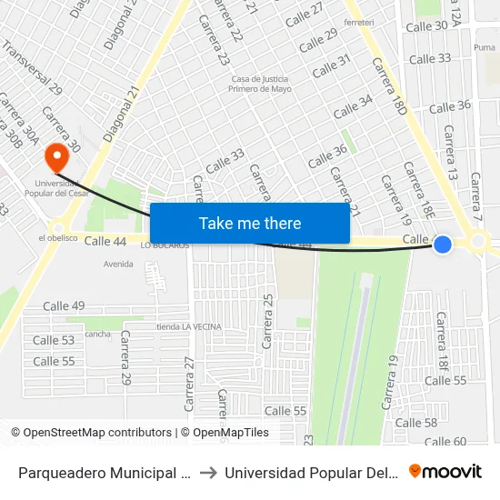 Parqueadero Municipal (O - E) to Universidad Popular Del Cesar map