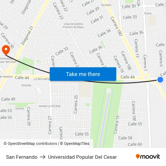 San Fernando to Universidad Popular Del Cesar map