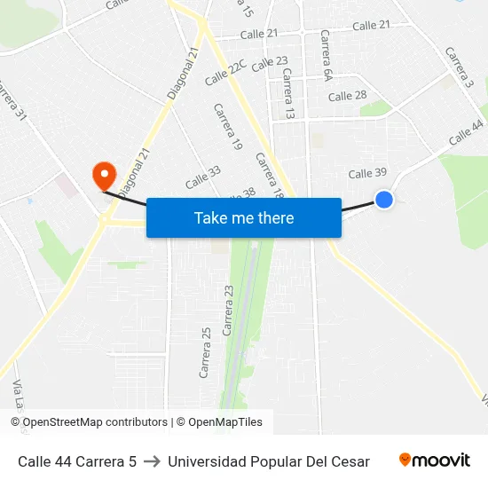 Calle 44 Carrera 5 to Universidad Popular Del Cesar map
