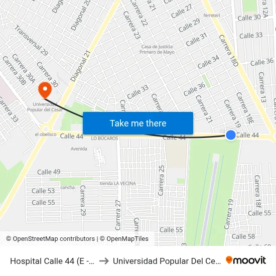 Hospital Calle 44 (E - O) to Universidad Popular Del Cesar map