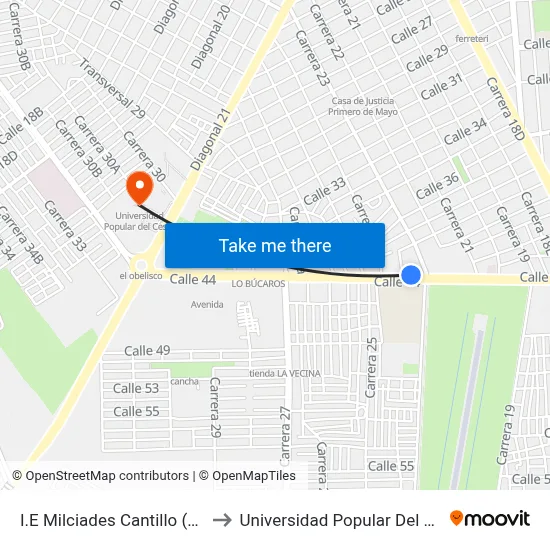 I.E Milciades Cantillo (E - O) to Universidad Popular Del Cesar map