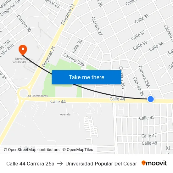 Calle 44 Carrera 25a to Universidad Popular Del Cesar map