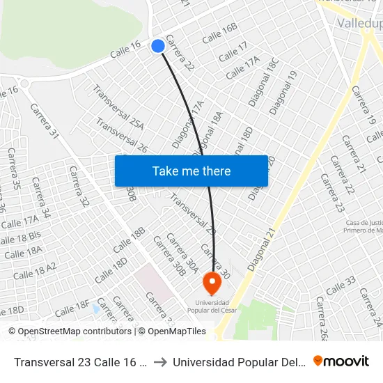 Transversal 23 Calle 16 (S - N) to Universidad Popular Del Cesar map