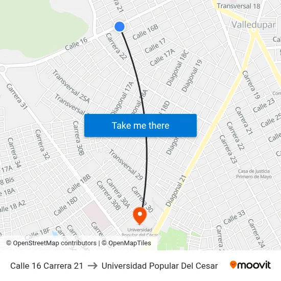 Calle 16 Carrera 21 to Universidad Popular Del Cesar map