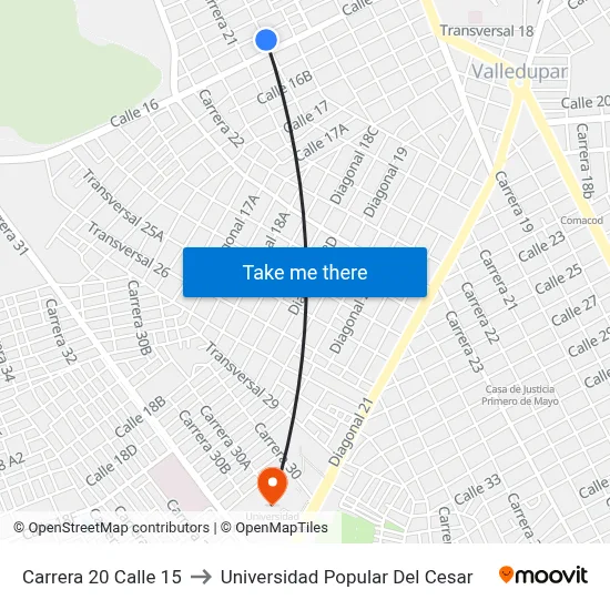 Carrera 20 Calle 15 to Universidad Popular Del Cesar map