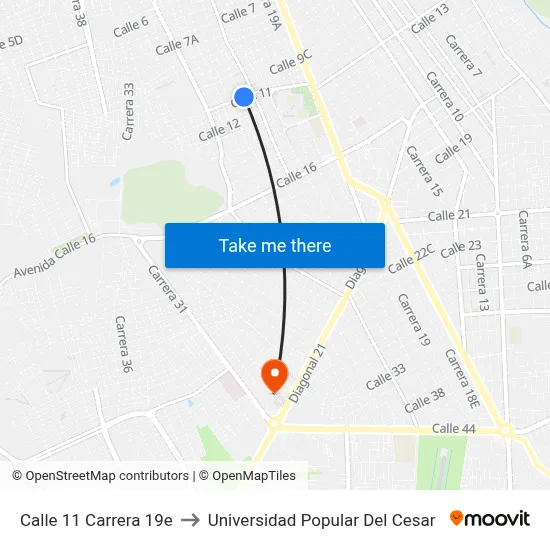 Calle 11 Carrera 19e to Universidad Popular Del Cesar map