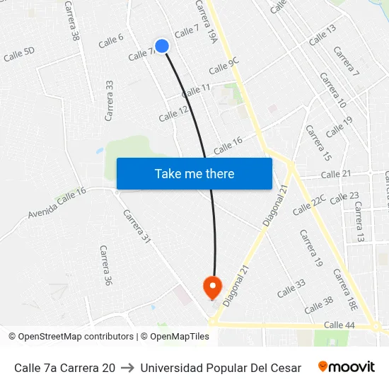 Calle 7a Carrera 20 to Universidad Popular Del Cesar map