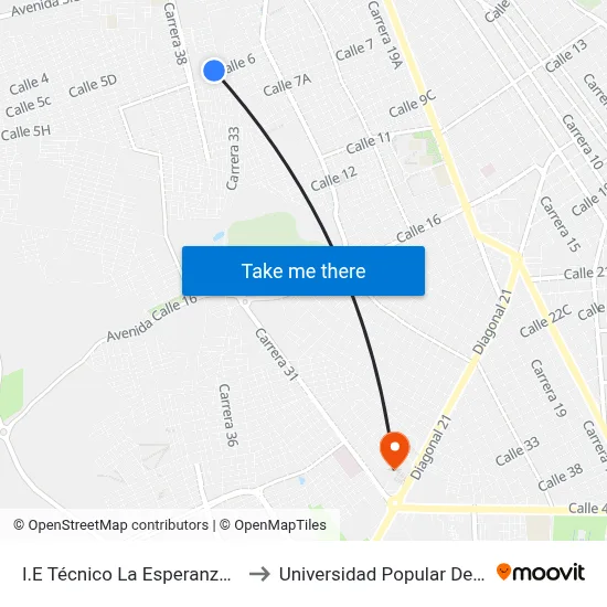 I.E Técnico La Esperanza (E - O) to Universidad Popular Del Cesar map