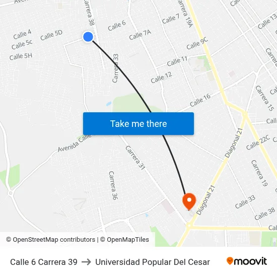 Calle 6  Carrera 39 to Universidad Popular Del Cesar map