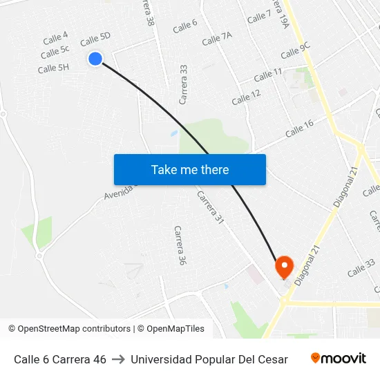 Calle 6 Carrera 46 to Universidad Popular Del Cesar map