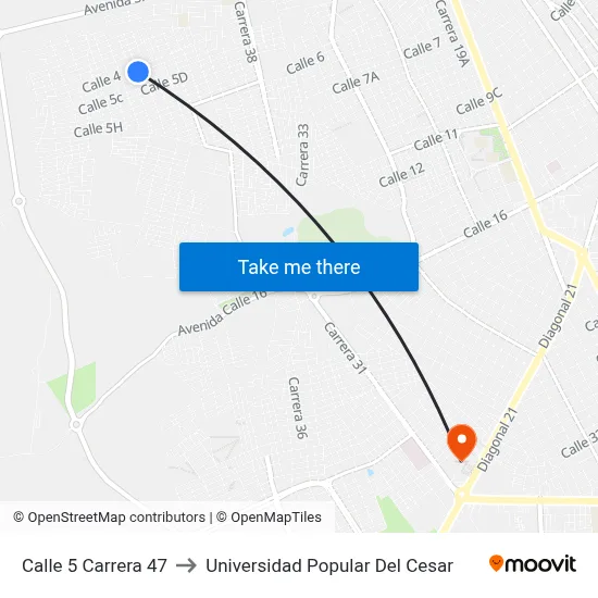 Calle 5 Carrera 47 to Universidad Popular Del Cesar map