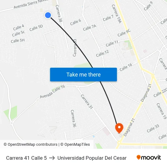Carrera 41 Calle 5 to Universidad Popular Del Cesar map