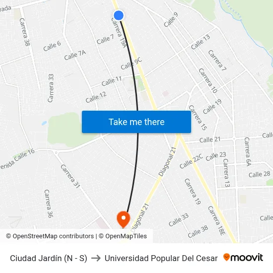 Ciudad Jardín (N - S) to Universidad Popular Del Cesar map