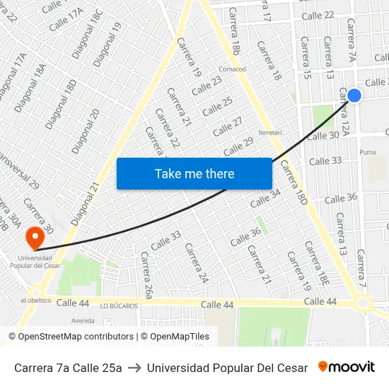 Carrera 7a Calle 25a to Universidad Popular Del Cesar map
