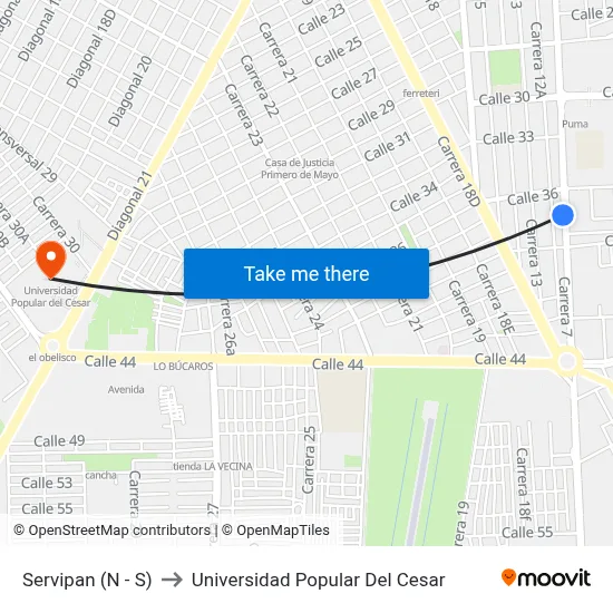 Servipan (N - S) to Universidad Popular Del Cesar map
