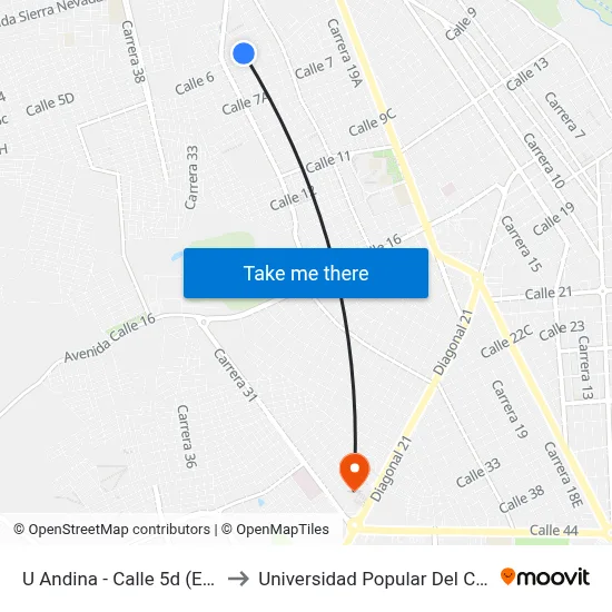 U Andina - Calle 5d (E - O) to Universidad Popular Del Cesar map