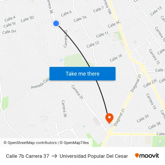 Calle 7b Carrera 37 to Universidad Popular Del Cesar map