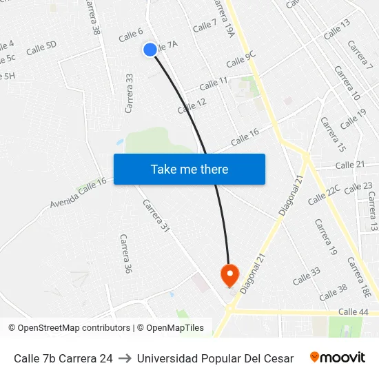 Calle 7b Carrera 24 to Universidad Popular Del Cesar map