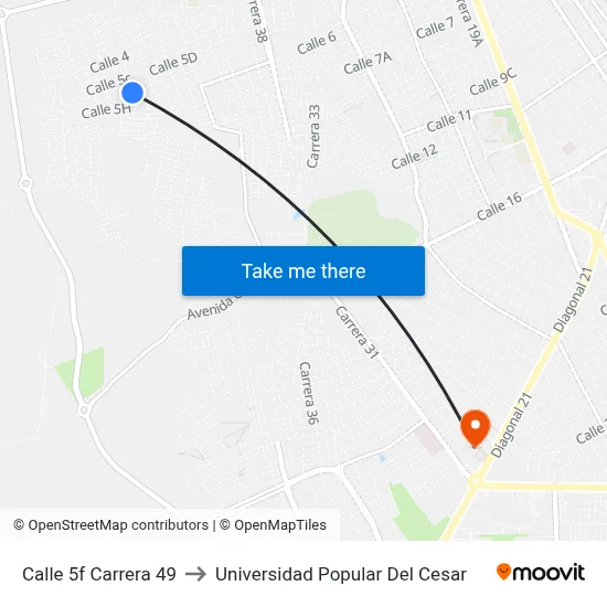 Calle 5f Carrera 49 to Universidad Popular Del Cesar map